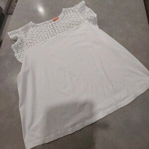 JOE FRESH + Women's White Tee-Shirt with Eyelet Yoke Frill Cap Sleeves - Size 1X